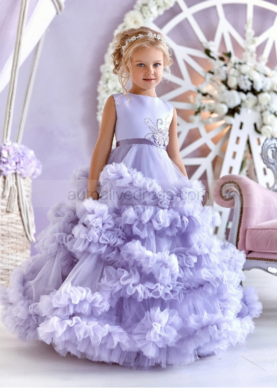 Lavender Beaded Satin Tulle Ruffled Flower Girl Dress